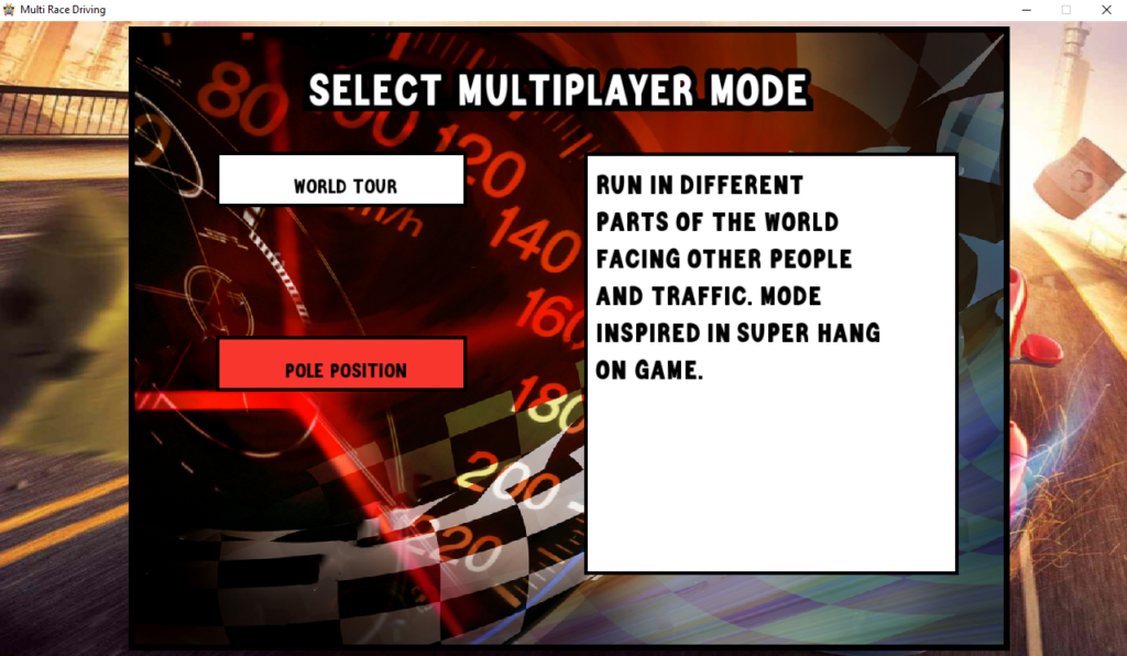 Menú de modalidades de juego disponibles en el modo multijugador de Multi Race Driving