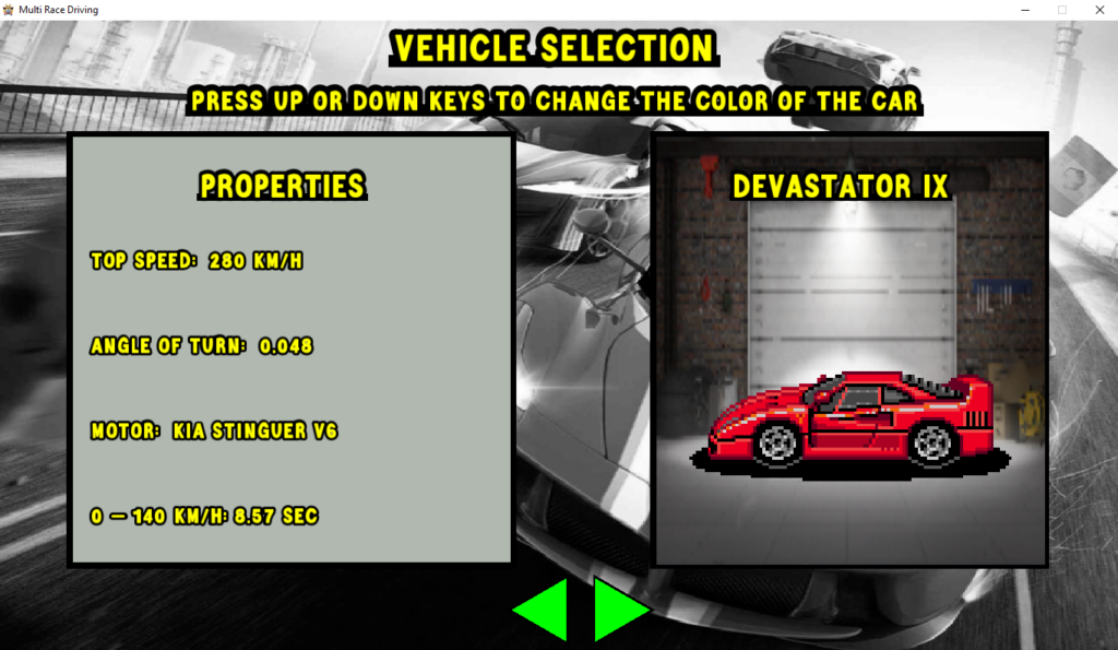 Menú de selección de coches en Multi Race Driving