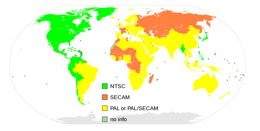 Mapa mundi con la distribución de los estándares de TV analógicos