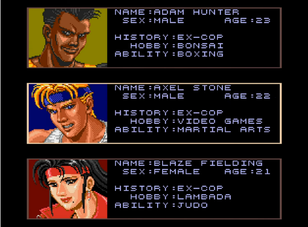 Información de los personajes jugables de Streets of Rage