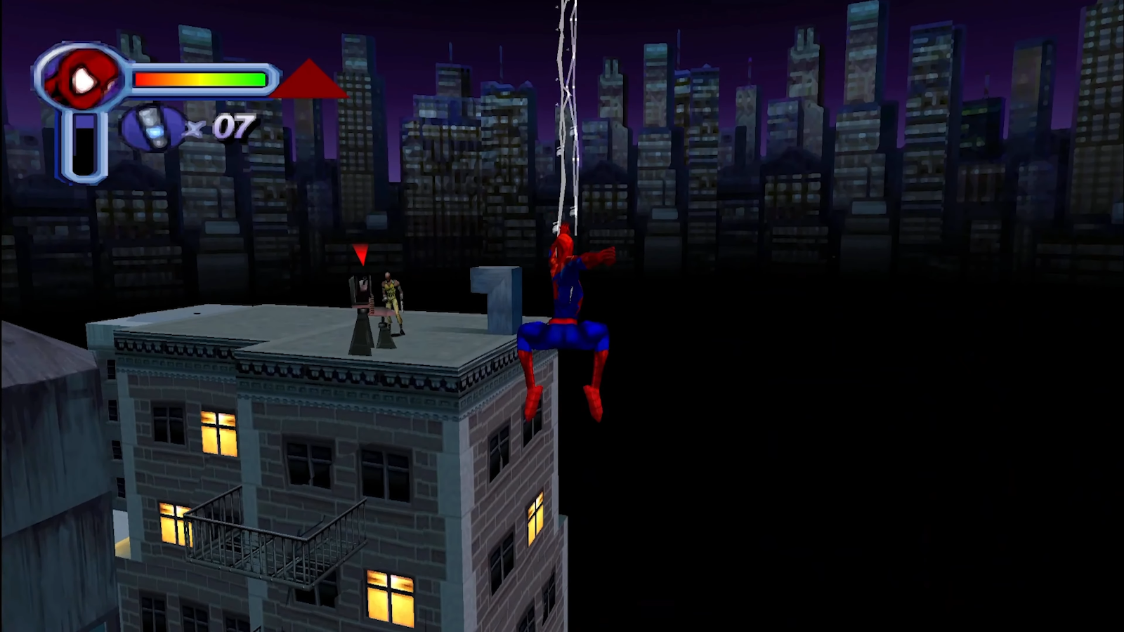 Spider-Man balanceándose por los ediciones de la ciudad de Nueva York de noche Spider-Man balanceándose por los ediciones de la ciudad de Nueva York de noche