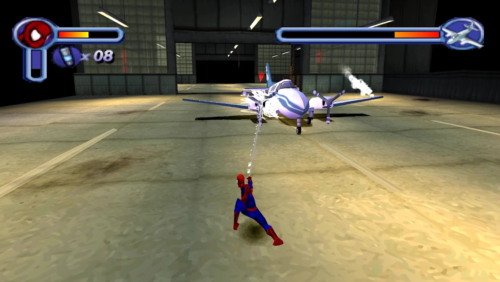 Spider-Man deteniendo un avión descontrolado en el nivel del hangar Spider-Man deteniendo un avión descontrolado en el nivel del hangar
