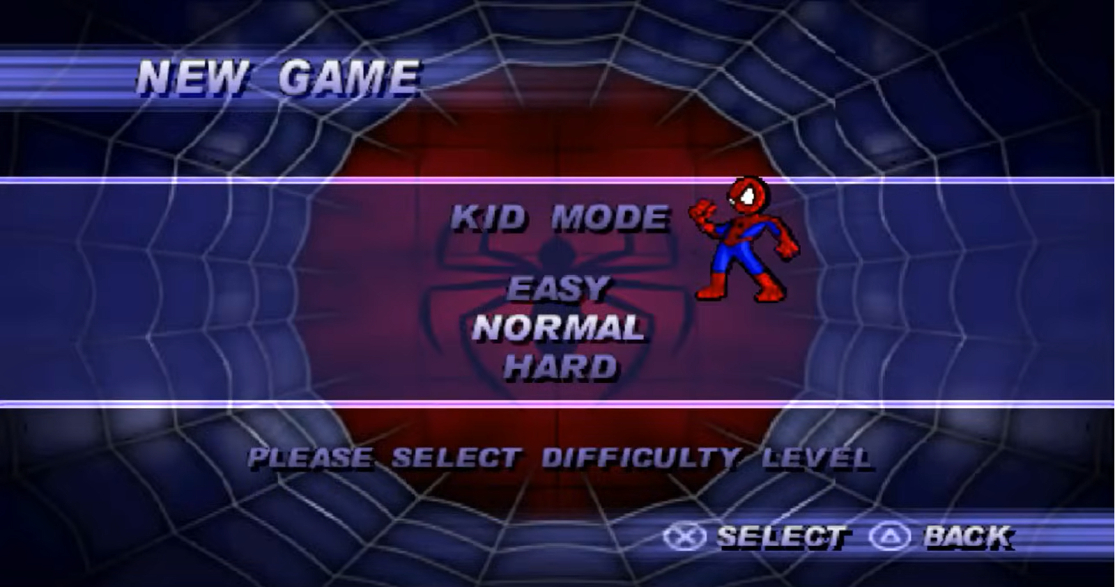 Menú de dificultad del juego Spider-Man 2: Enter Electro (2001) para PS1 Menú de dificultad del juego Spider-Man 2: Enter Electro (2001) para PS1