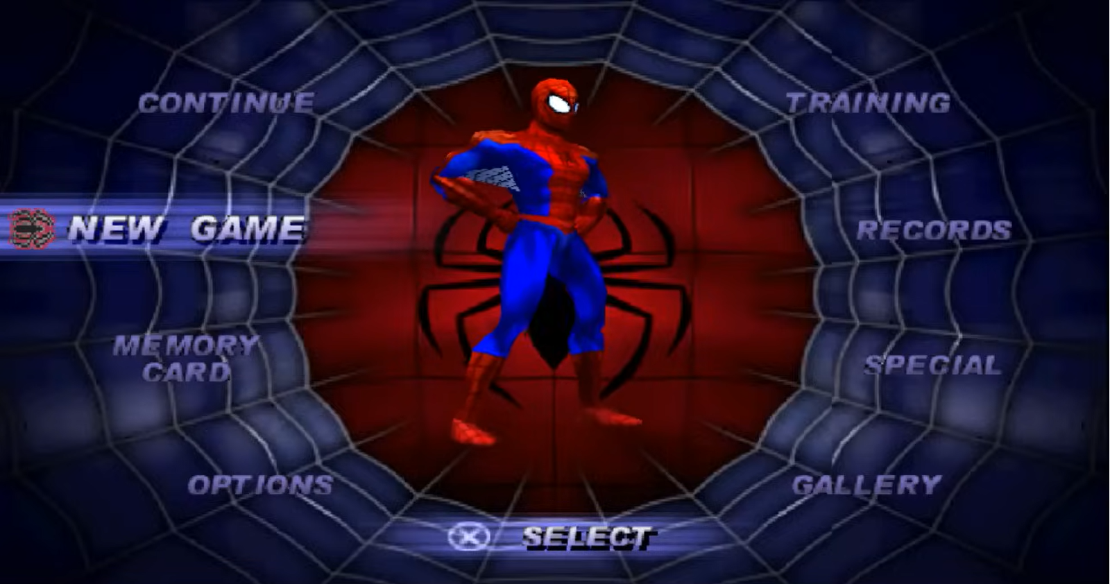 Menú principal del juego Spider-Man 2: Enter Electro (2001) para PS1 Menú principal del juego Spider-Man 2: Enter Electro (2001) para PS1