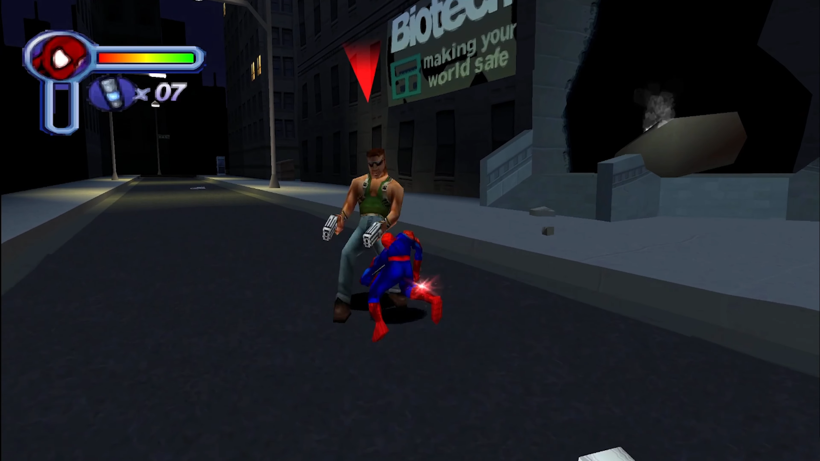 Spider-Man luchando contra los ladrones de las instalaciones de Bio-Tech Spider-Man luchando contra los ladrones de las instalaciones de Bio-Tech