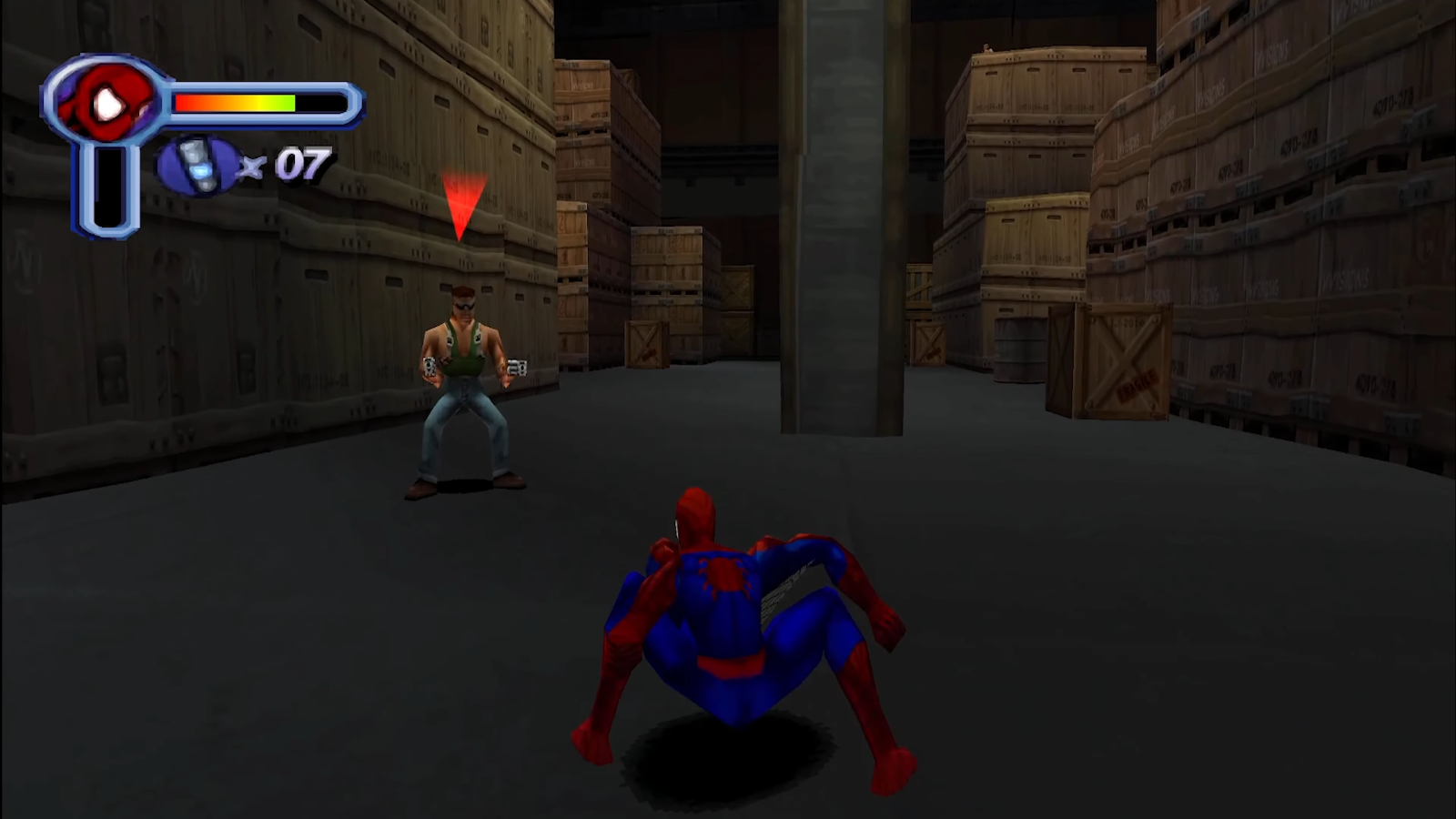 Spider-Man luchando contra los secuaces de Shocker en el nivel del almacén Spider-Man luchando contra los secuaces de Shocker en el nivel del almacén