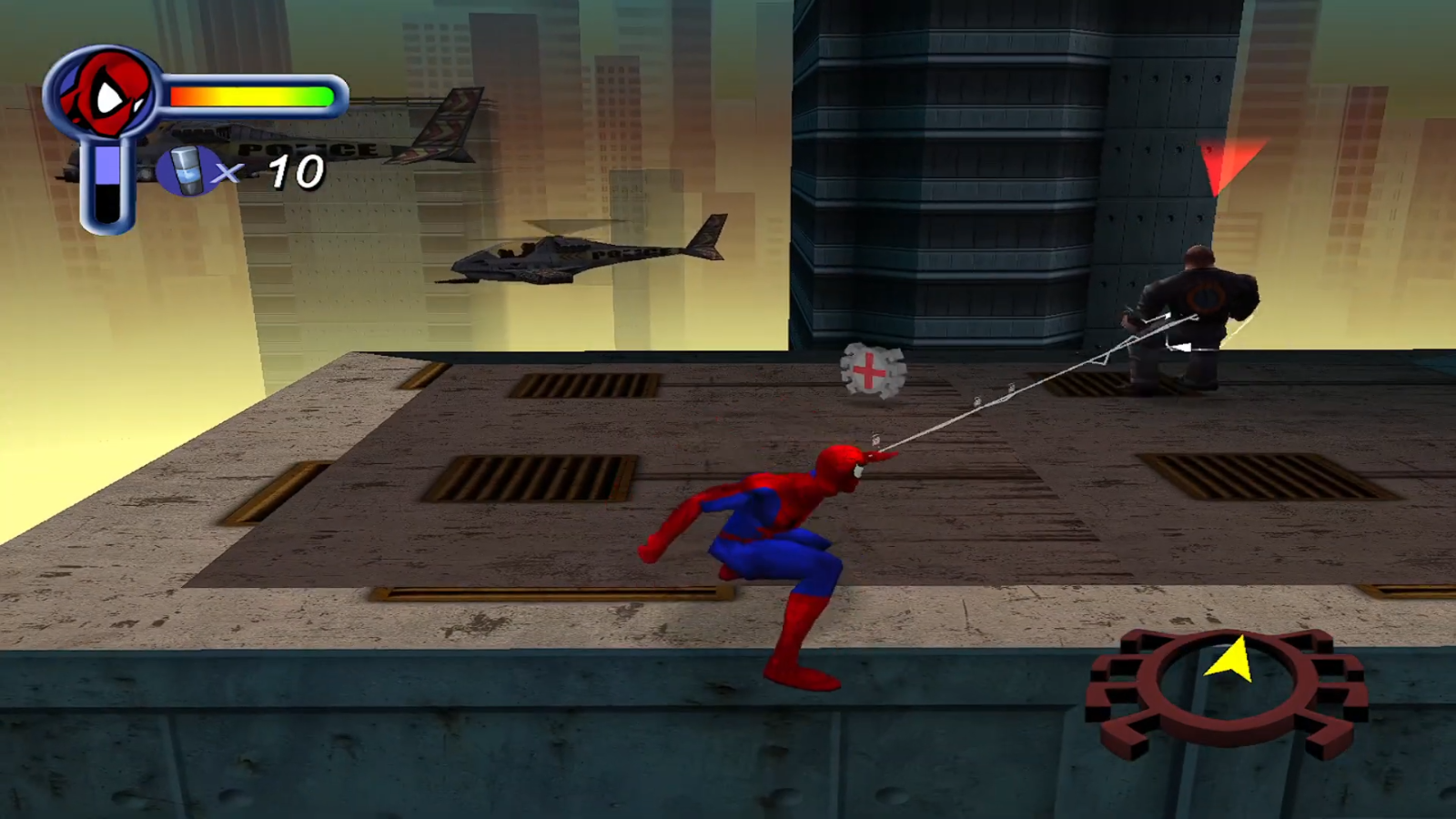 Spider-Man lanzando una red a un enemigo en el primer nivel del videojuego Spder-Man (2000) para PS1 Spider-Man lanzando una red a un enemigo en el primer nivel del videojuego Spder-Man (2000) para PS1