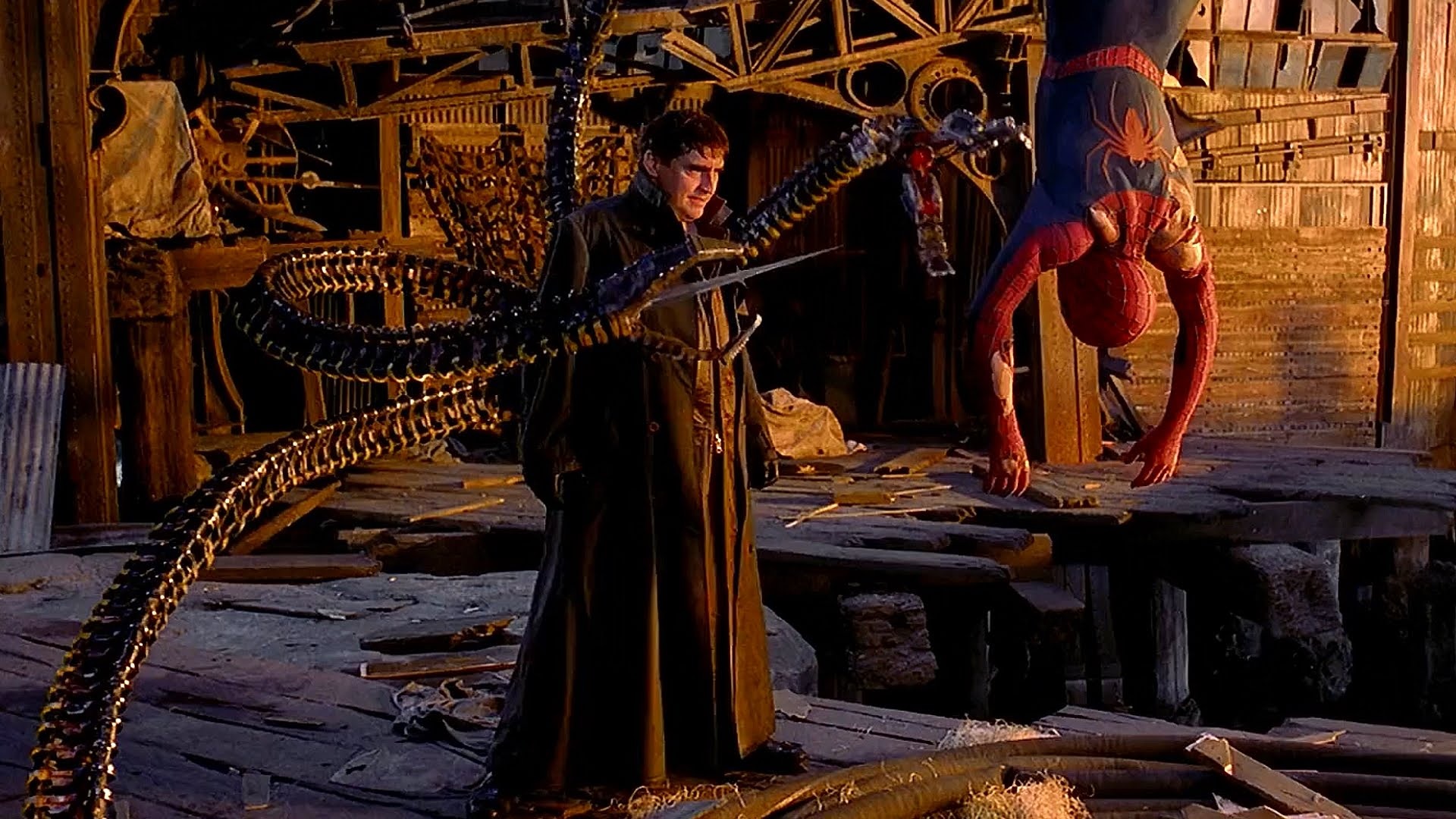 Escena de la pelea final entre el Dr. Octopus y Spider-Man