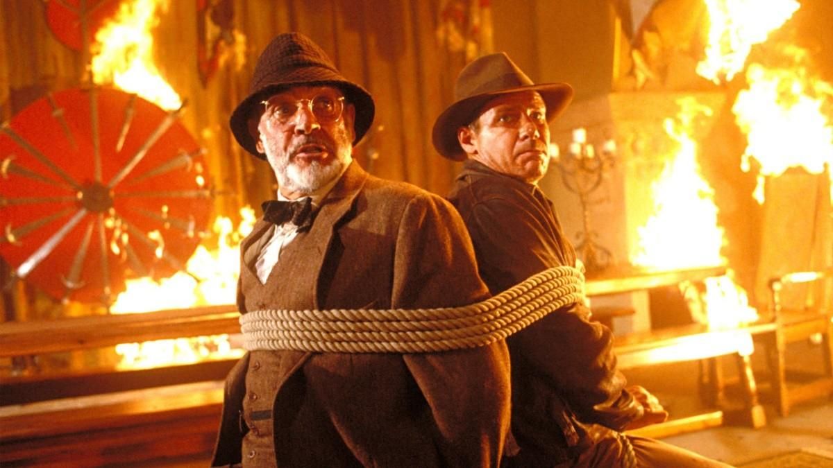 Sean Connery y Harrison Ford en la escena del incendio en Indiana Jones y la última cruzada (1989)