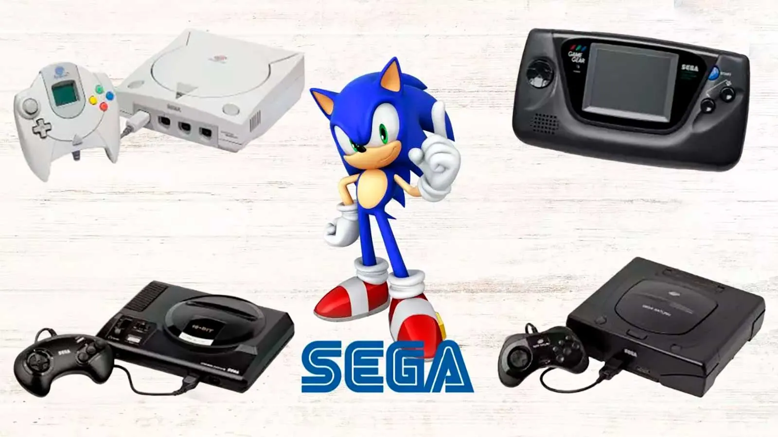 Sonic the Hedgehog junto con las consolas principales de Sega: Dreamcast, Game Gear, Mega Drive y Saturn Sonic the Hedgehog junto con las consolas principales de Sega: Dreamcast, Game Gear, Mega Drive y Saturn