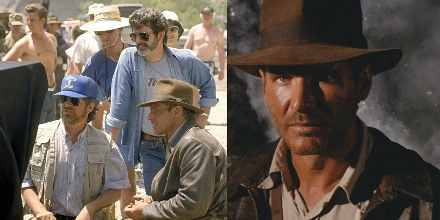 Fotografía de George Lucas, Steven Spielberg y Harrison Ford en el rodaje de Indiana Jones