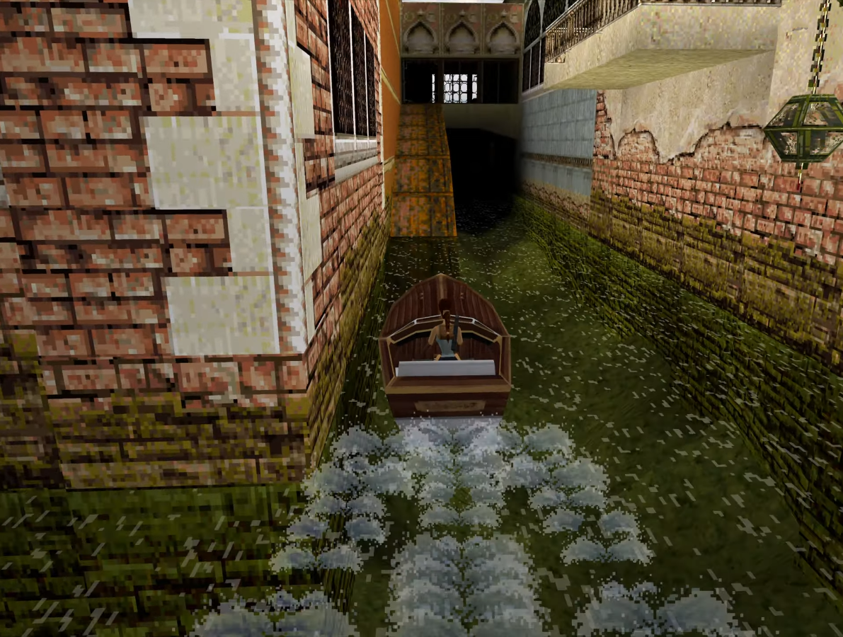 Lara Croft manejando una lancha acuática en el nivel de Venecia e Tomb Raider II (1997) Lara Croft manejando una lancha acuática en el nivel de Venecia e Tomb Raider II (1997)