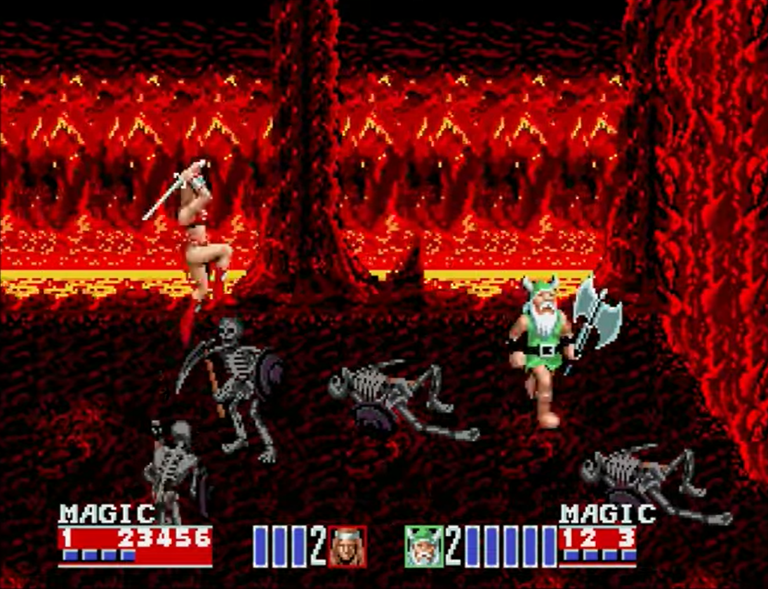 Tyris Flare y Gilius Thunderhead luchando en el nivel volcánico de Golden Axe II (1991) Tyris Flare y Gilius Thunderhead luchando en el nivel volcánico de Golden Axe II (1991)