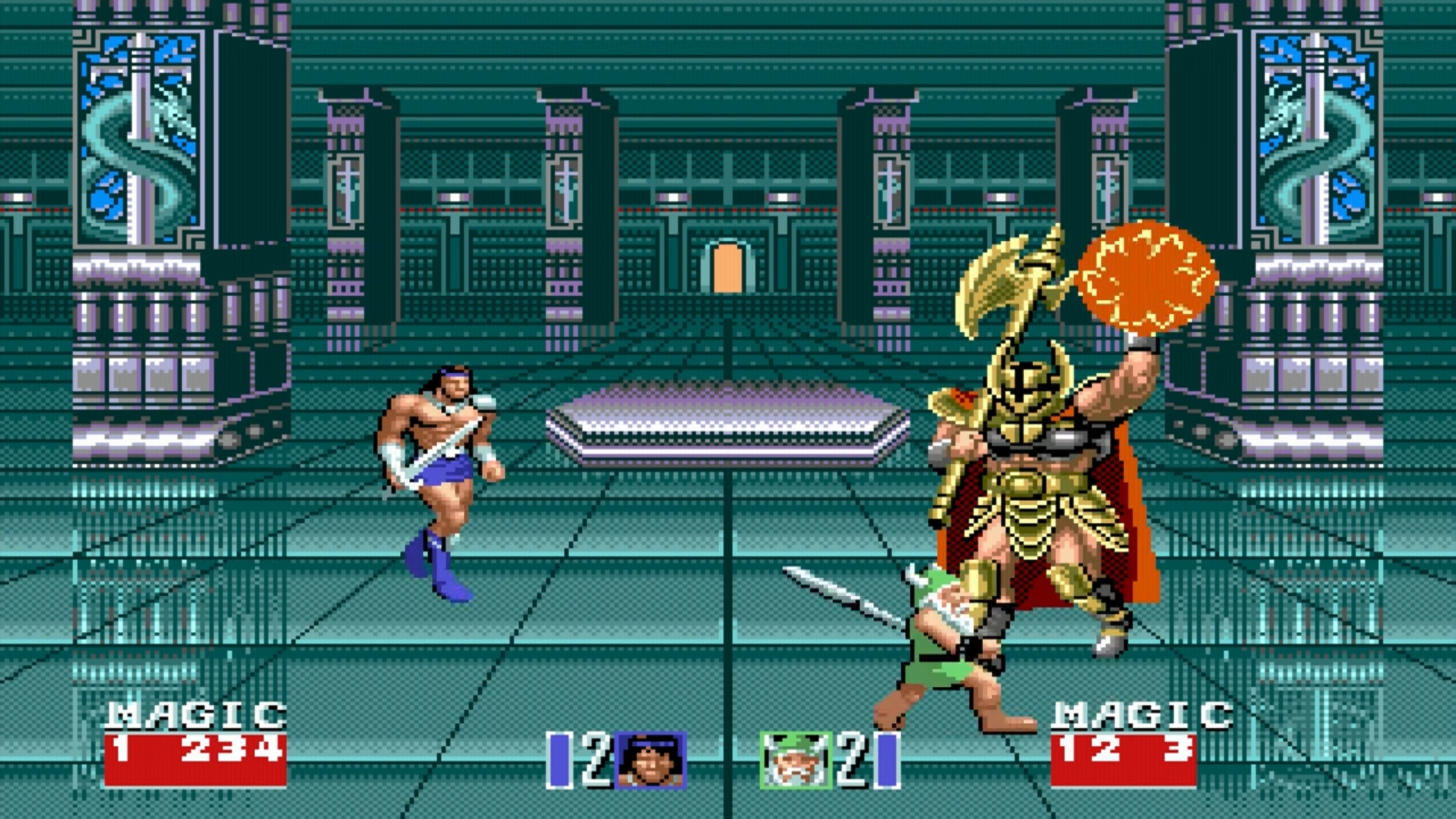 Gilius Thunderhead y Ax Battler luchando contra Darth Guld en Golden Axe II (1991) Gilius Thunderhead y Ax Battler luchando contra Darth Guld en Golden Axe II (1991)