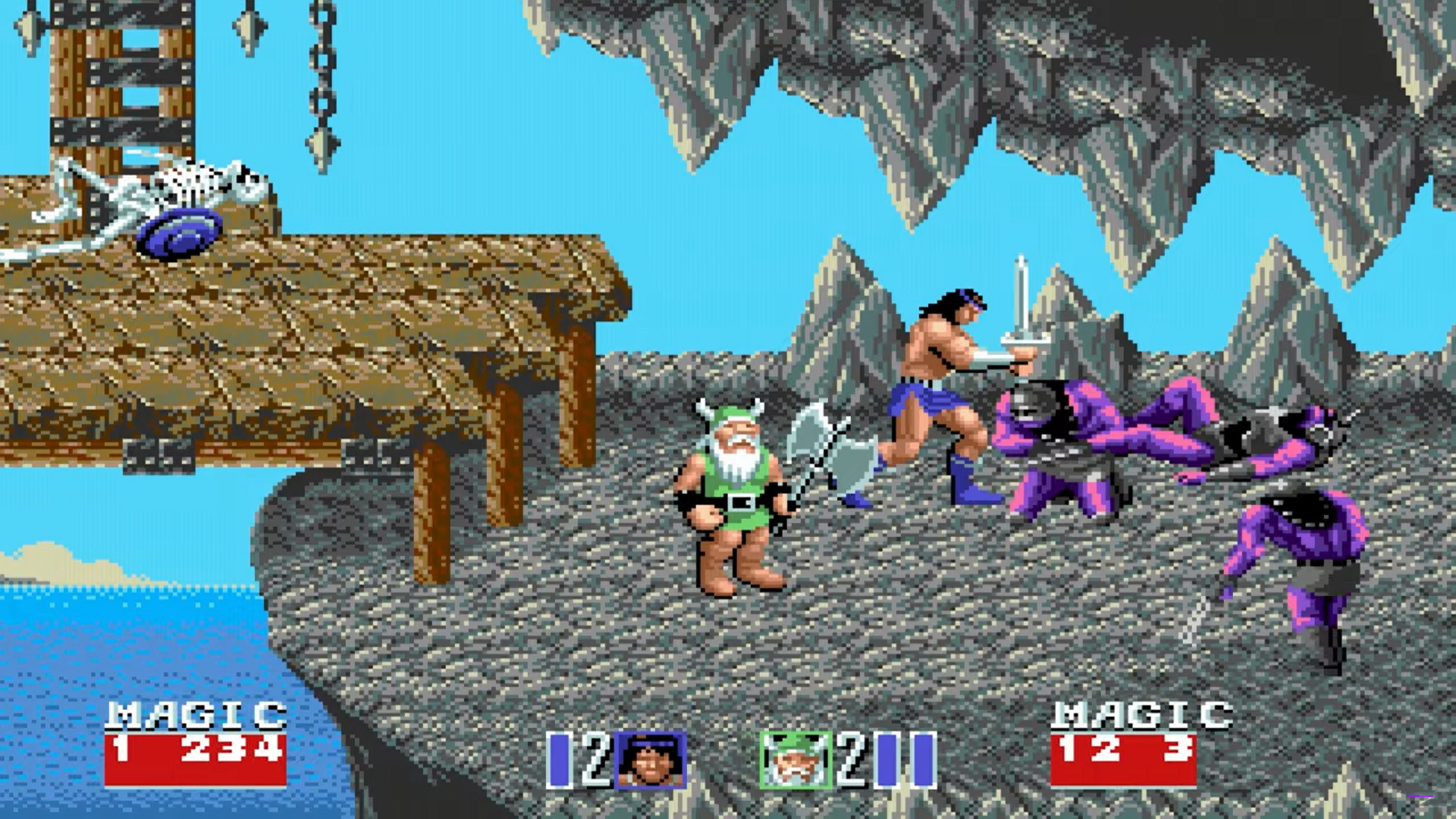 Gilius Thunderhead y Ax Battler luchando en el nivel de la cueva de de Golden Axe II (1991) Gilius Thunderhead y Ax Battler luchando en el nivel de la cueva de de Golden Axe II (1991)