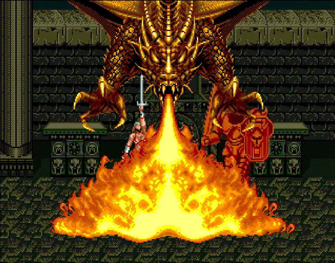 Tyris Flare ejecutando la magia del dragón de fuego en Golden Axe II (1991) Tyris Flare ejecutando la magia del dragón de fuego en Golden Axe II (1991)