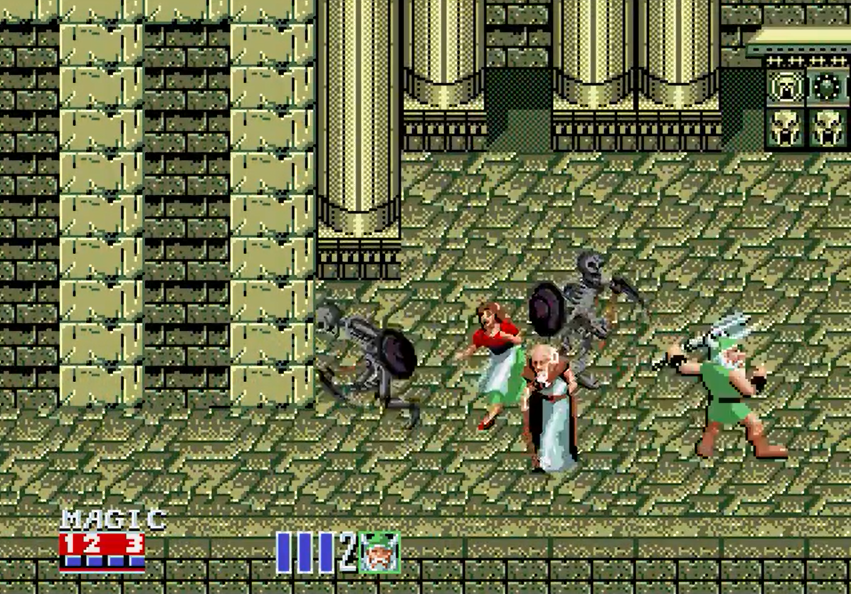 Gilius Thunderhead luchando contra esqueletos vivientes en Golden Axe II (1991) Gilius Thunderhead luchando contra esqueletos vivientes en Golden Axe II (1991)
