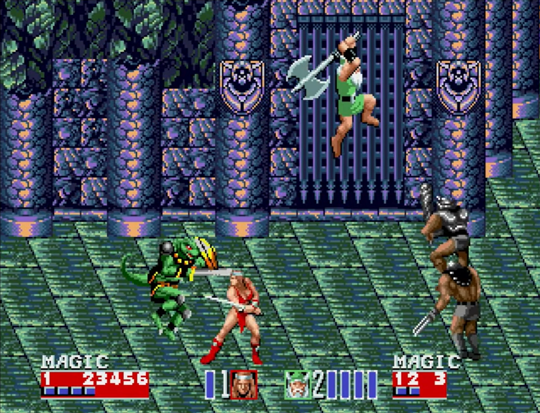 Tyris Flare y Gilius Thunderhead luchando en el del castillo final de Golden Axe II (1991) Tyris Flare y Gilius Thunderhead luchando en el del castillo final de Golden Axe II (1991)