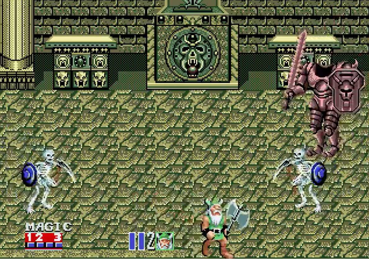 Gilius Thunderhead luchando contra los esqueletos y el caballero sin cabeza en Golden Axe II (1991) Gilius Thunderhead luchando contra los esqueletos y el caballero sin cabeza en Golden Axe II (1991)