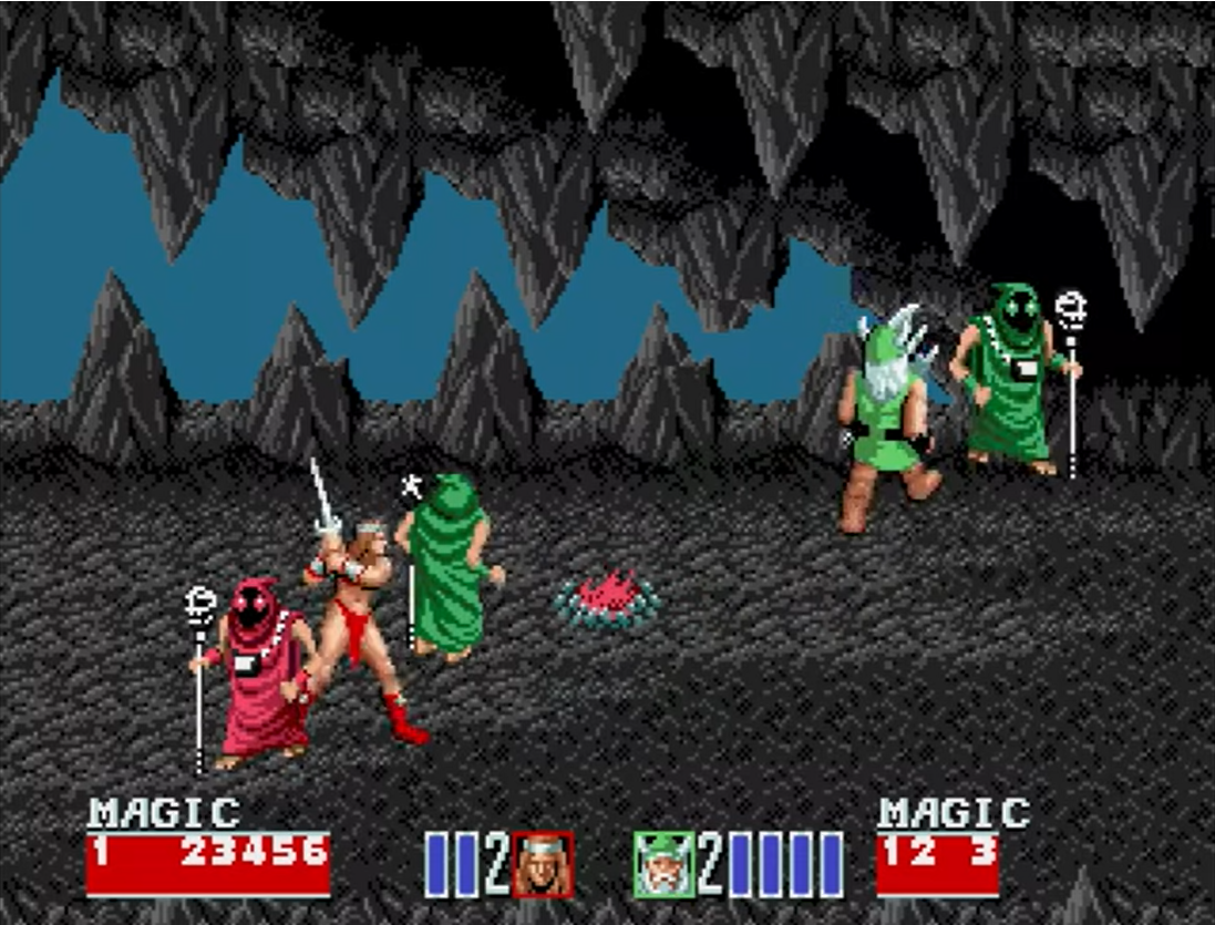 Tyris Flare y Gilius Thunderhead luchando contra los magos en las transiciones entre niveles Tyris Flare y Gilius Thunderhead luchando contra los magos en las transiciones entre niveles