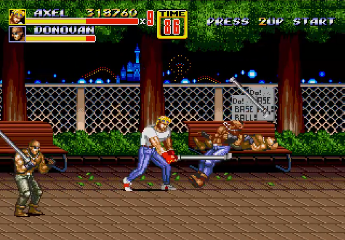 Axel Stone golpeando a un villano con una vara en Streets of Rage 2 (1992) Axel Stone golpeando a un villano con una vara en Streets of Rage 2 (1992)