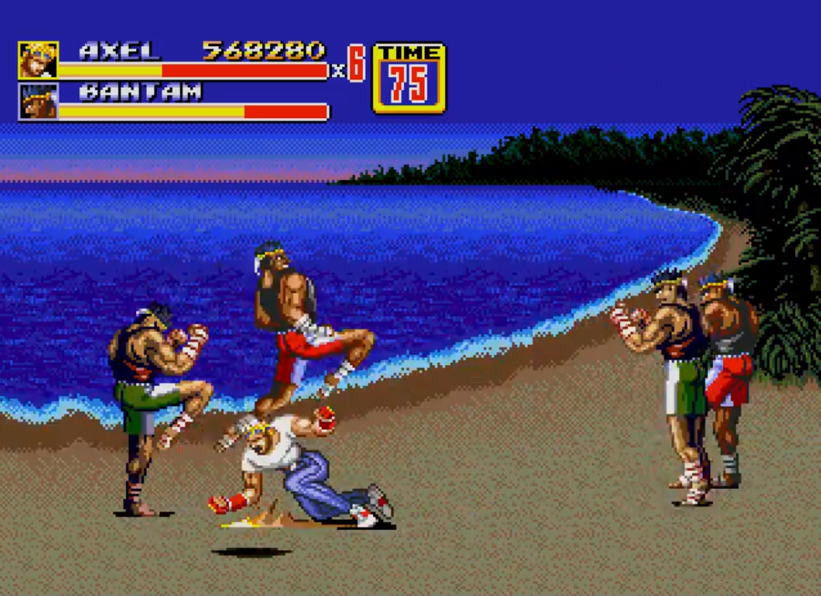 Axel Stone contra los malos en el nivel de la playa en Streets of Rage 2 (1992) Axel Stone contra los malos en el nivel de la playa en Streets of Rage 2 (1992)