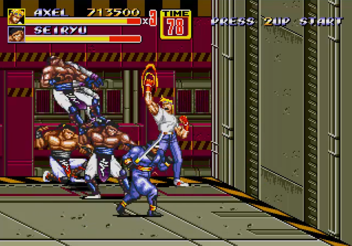 Axel Stone luchando con los villanos en la plataforma en Streets of Rage 2 (1992) Axel Stone luchando con los villanos en la plataforma en Streets of Rage 2 (1992)