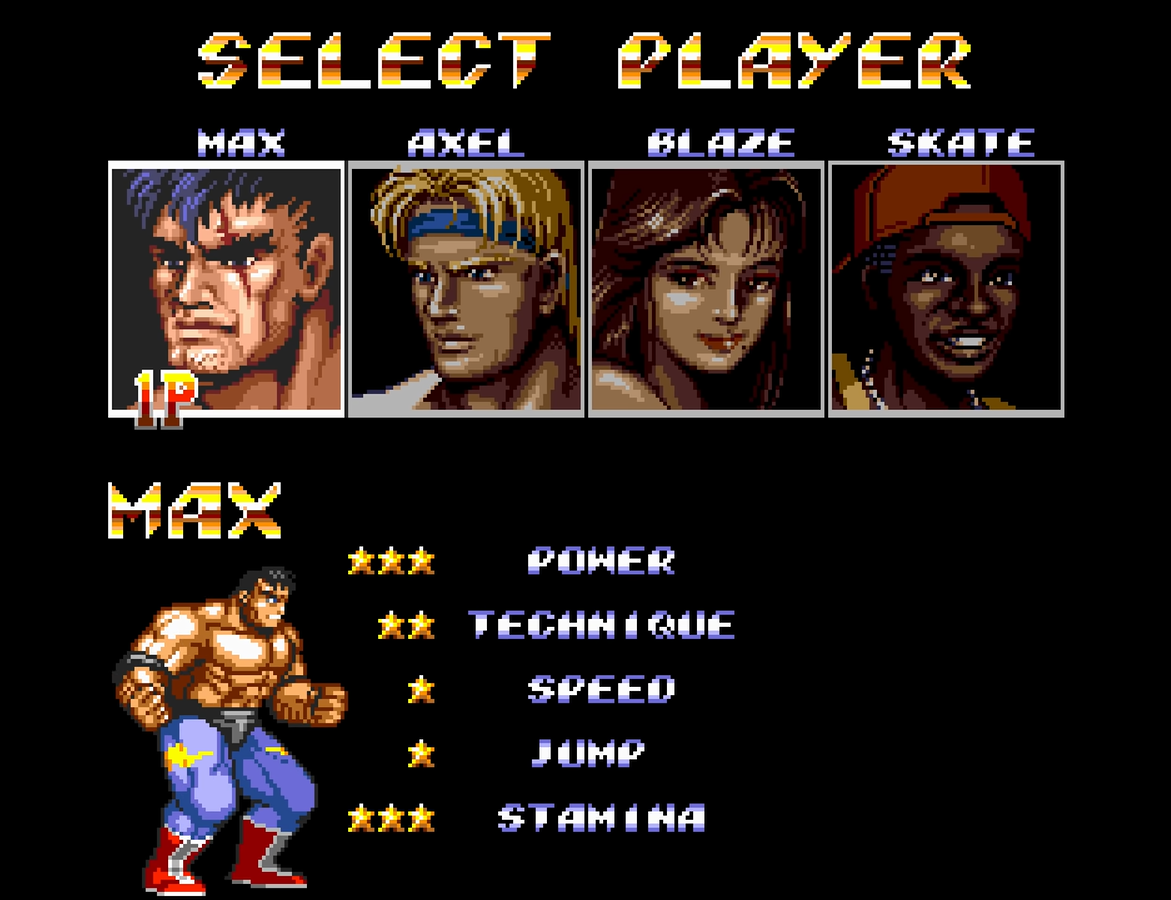 Menú de selección de personajes en Streets of Rage 2 (1992) Menú de selección de personajes en Streets of Rage 2 (1992)