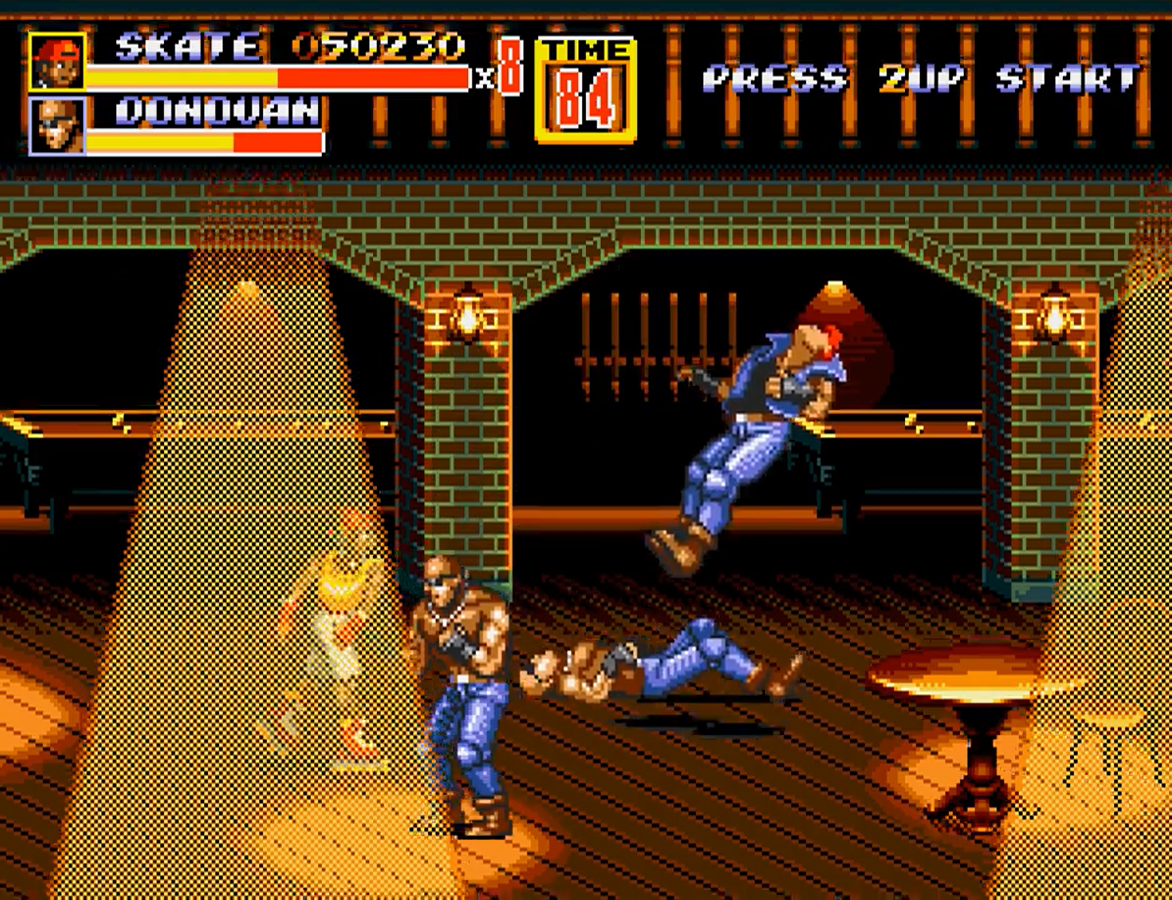 Eddie Skate Hunter luchando contra enemigos en un bar en Streets of Rage 2 (1992) Eddie Skate Hunter luchando contra enemigos en un bar en Streets of Rage 2 (1992)