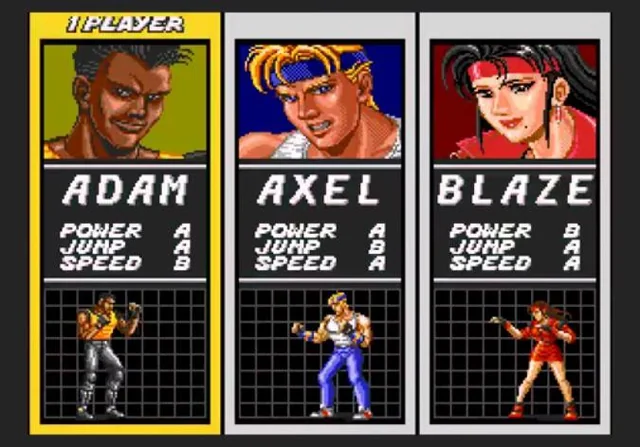 Menú de selección de personajes en Streets of Rage (1991) Menú de selección de personajes en Streets of Rage (1991)