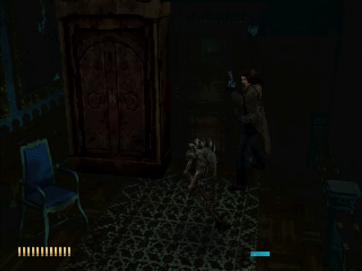 Edward Carnby luchando contra un enemigo en el primer piso del palacete en Alone in the Dark: The New Nightmare (2001)