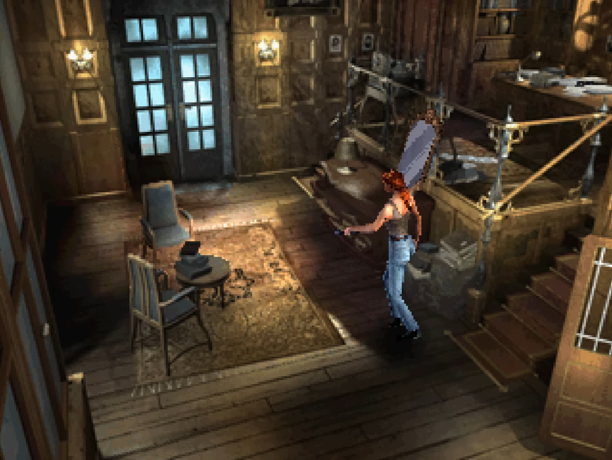 Aline Cedrac investigando el despacho de Alan Morton en Alone in the Dark: The New Nightmare (2001)