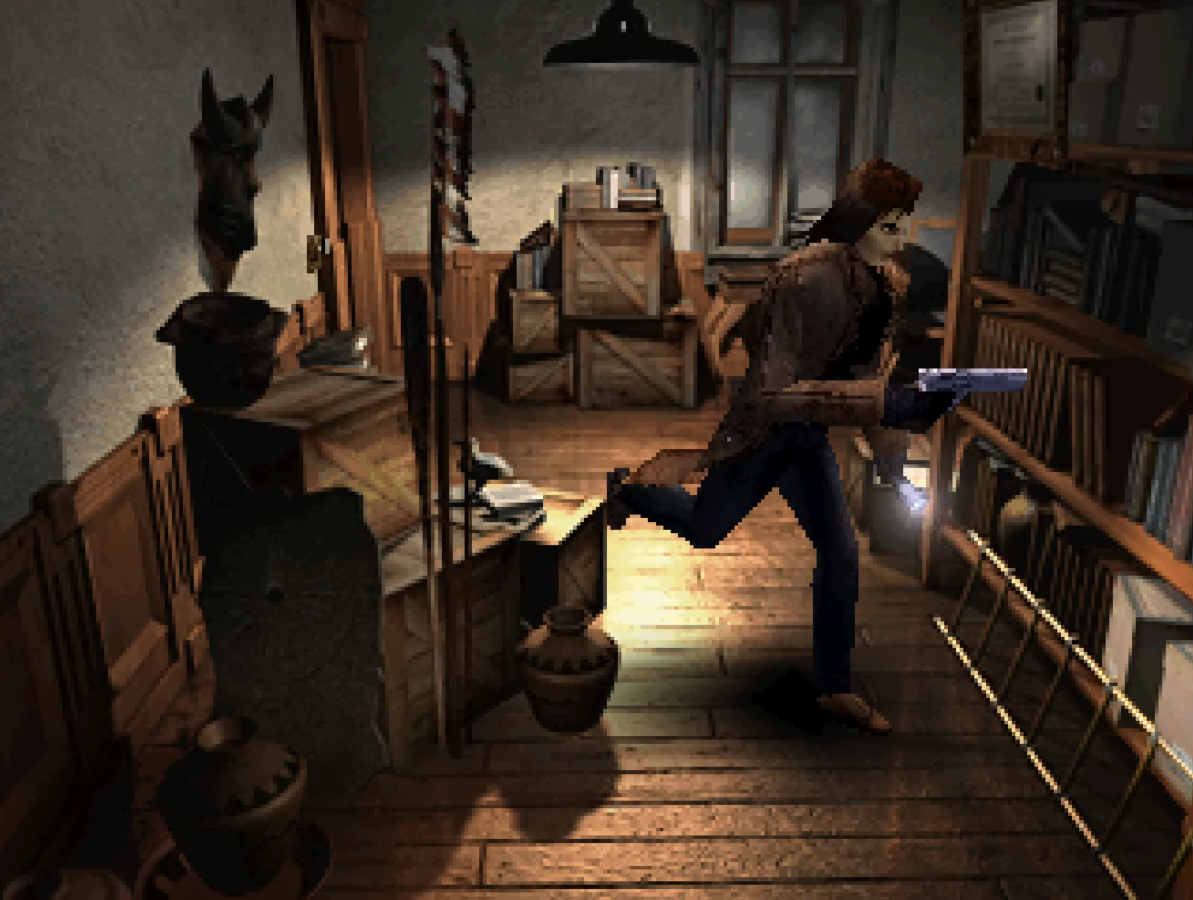 Edward Carnby investigando una biblioteca pequeña en Alone in the Dark: The New Nightmare (2001)