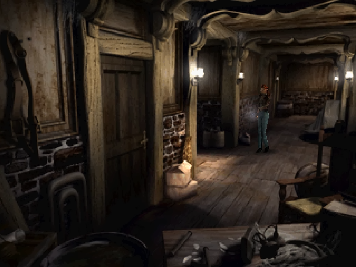 Aline Cedrac en del desván inicial del palacete en Alone in the Dark: The New Nightmare (2001)