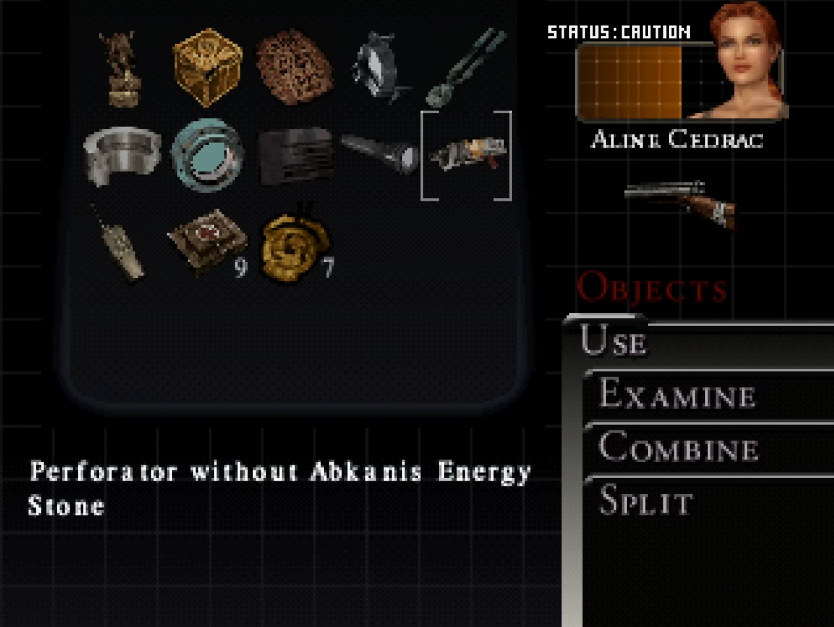Sección de inventario de Aline Cedrac en Alone in the Dark: The New Nightmare (2001)