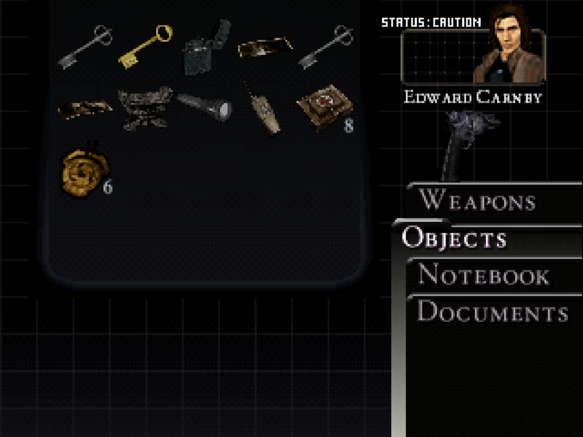Sección de inventario de Edward Carnby en Alone in the Dark: The New Nightmare (2001)