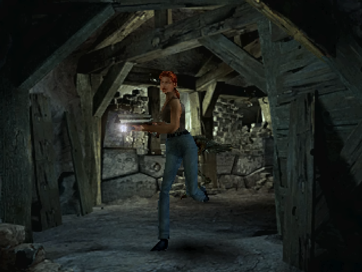 Aline Cedrac saliendo de la mina subterránea del palacete en Alone in the Dark: The New Nightmare (2001) 