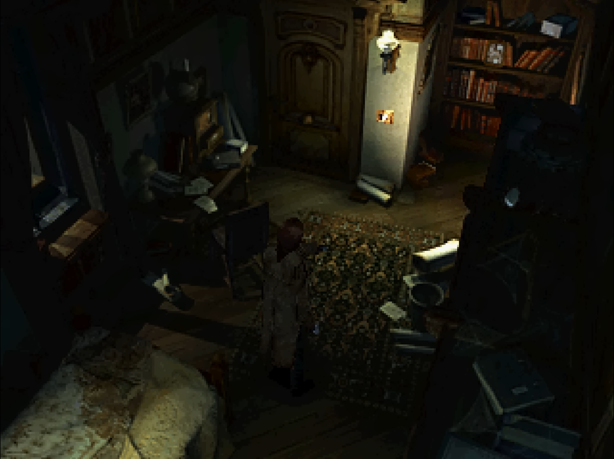 Edward Carnby investigando un viejo archivador en Alone in the Dark: The New Nightmare (2001)