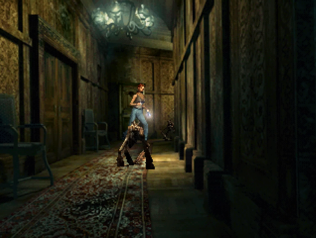 Aline Cedrac en pasillo dos del palacete en Alone in the Dark: The New Nightmare (2001) 