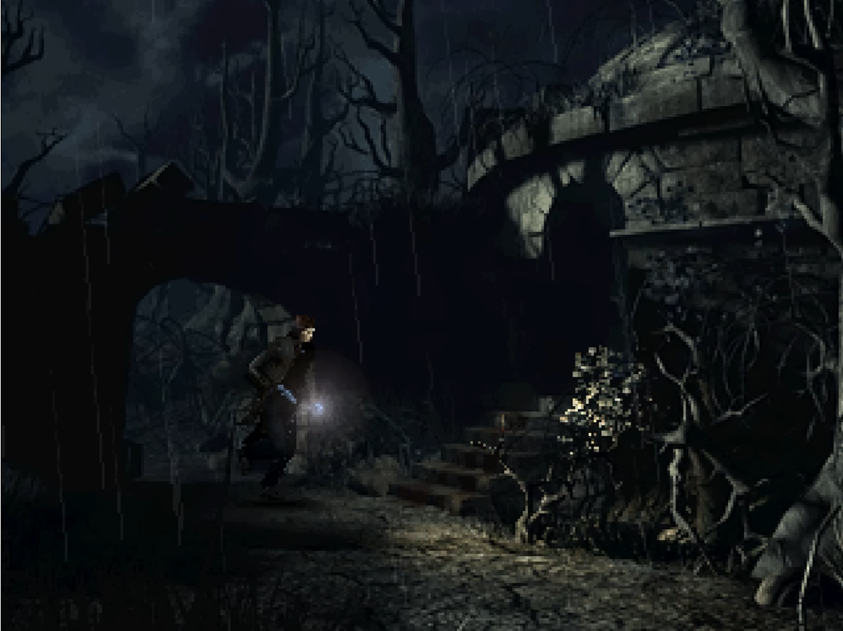 Edward Carnby en la caberna inicial del palacete en Alone in the Dark: The New Nightmare (2001)