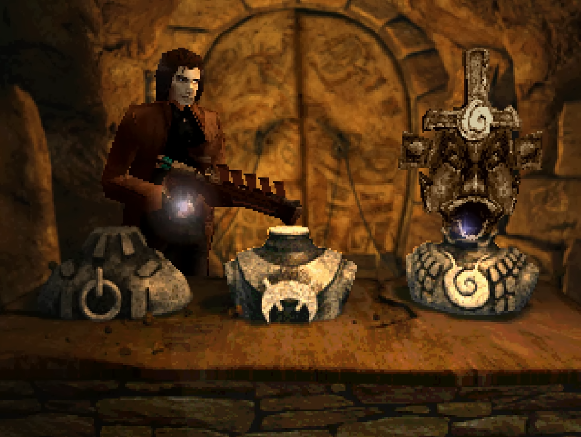 Edward Carnby en puzle de las cabezas Abkanis en Alone in the Dark: The New Nightmare (2001) 