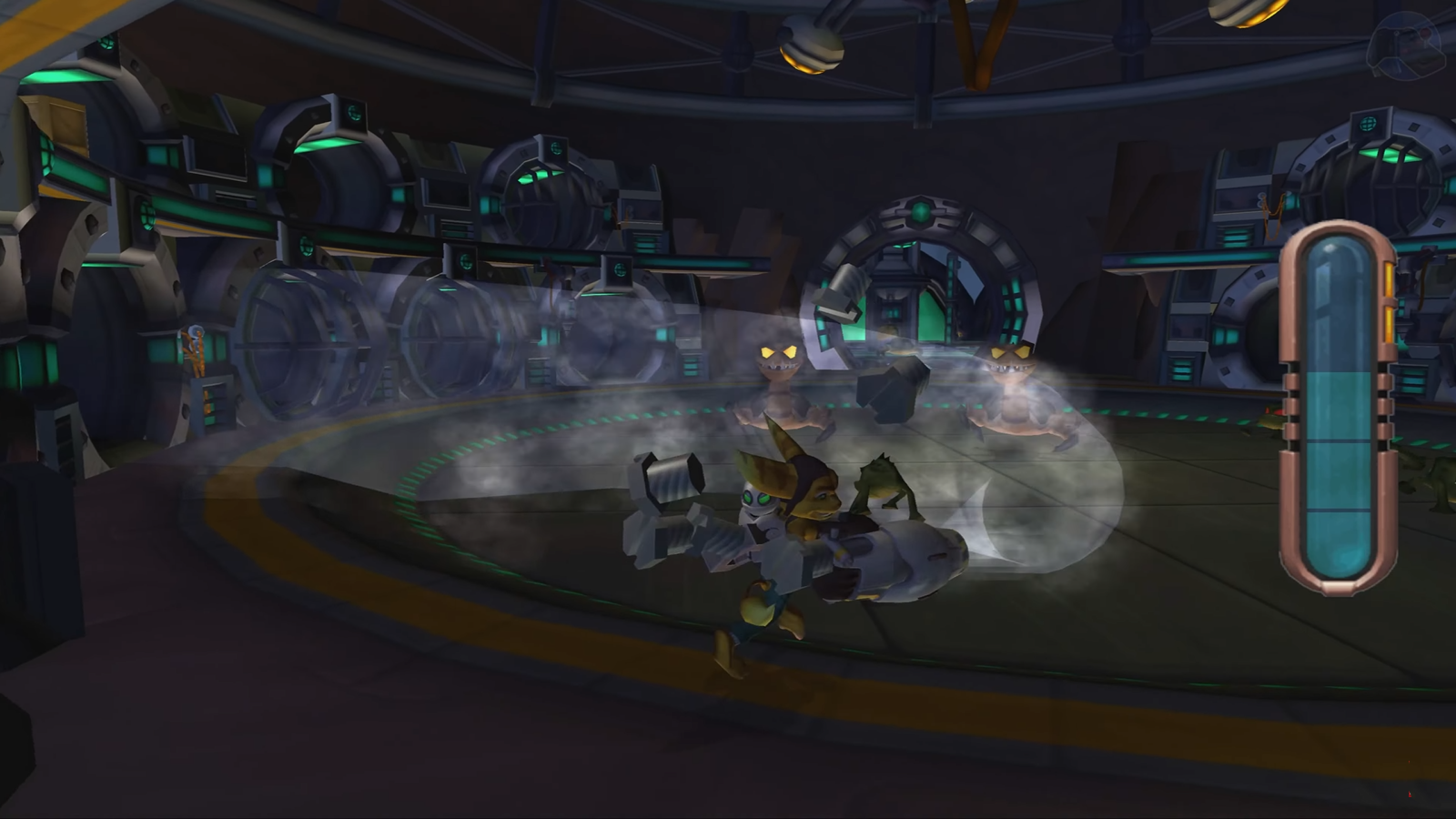 Ratchet & Clank usando el cañón de succión en la base Blarg en Ratchet & Clank (2002) Ratchet & Clank usando el cañón de succión en la base Blarg en Ratchet & Clank (2002)