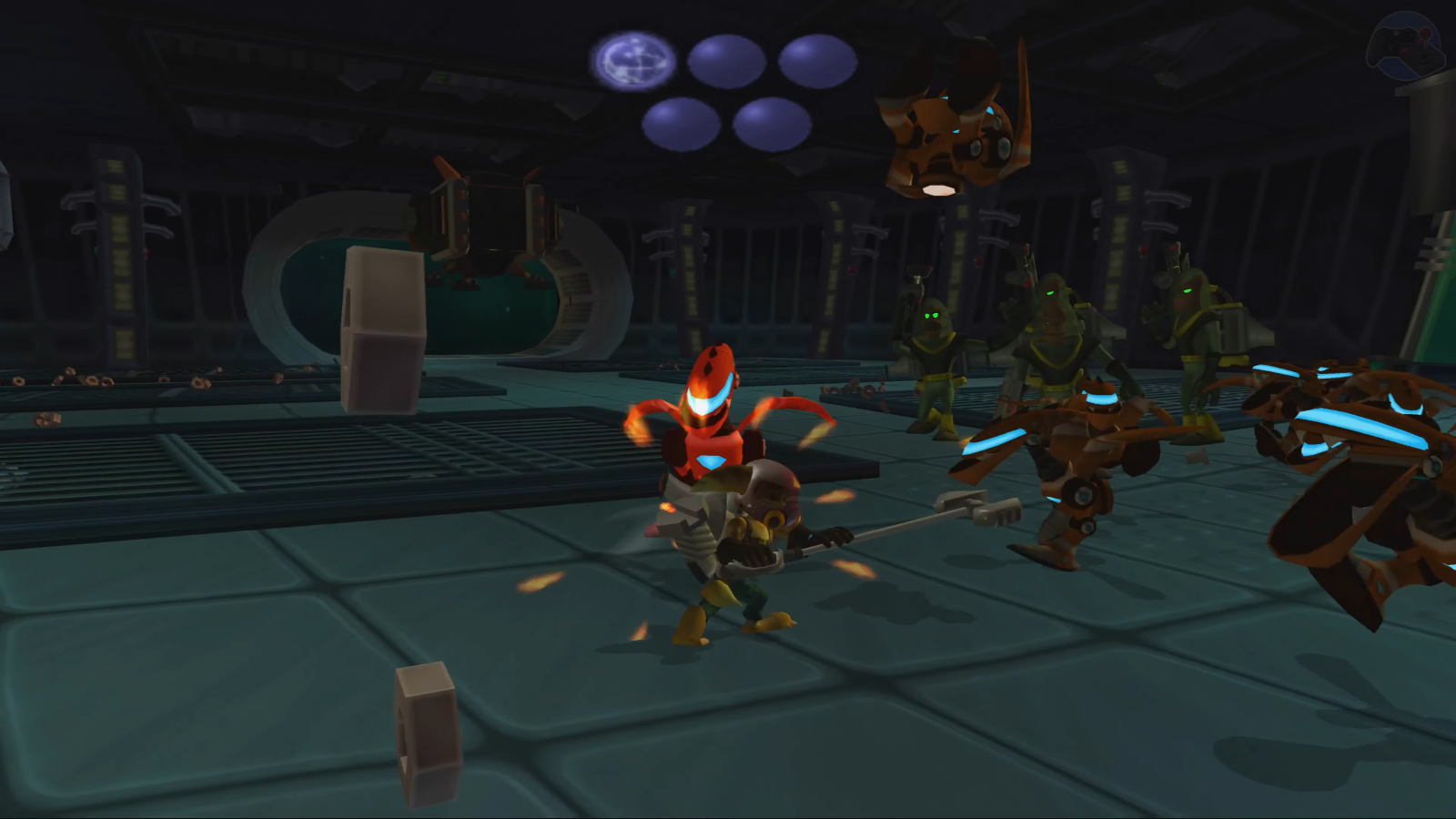 Ratchet & Clank luchando contra enemigos en el fuerte de Drek en Ratchet & Clank (2002) Ratchet & Clank luchando contra enemigos en el fuerte de Drek en Ratchet & Clank (2002)