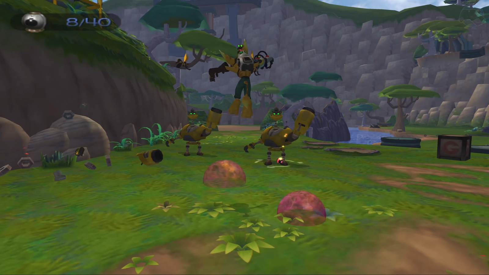 Ratchet & Clank luchando contra robots enemigos en la llanura de Novalis en Ratchet & Clank (2002) Ratchet & Clank luchando contra robots enemigos en la llanura de Novalis en Ratchet & Clank (2002)
