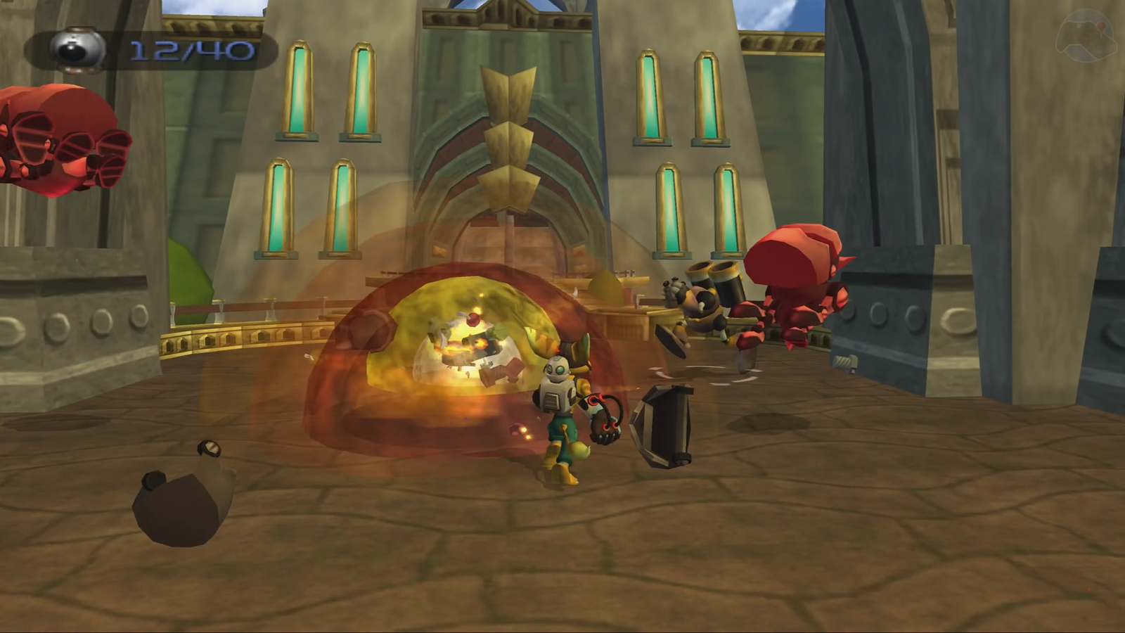 Ratchet & Clank peleando contra robots caninos en Kerwan en Ratchet & Clank (2002) Ratchet & Clank peleando contra robots caninos en Kerwan en Ratchet & Clank (2002)
