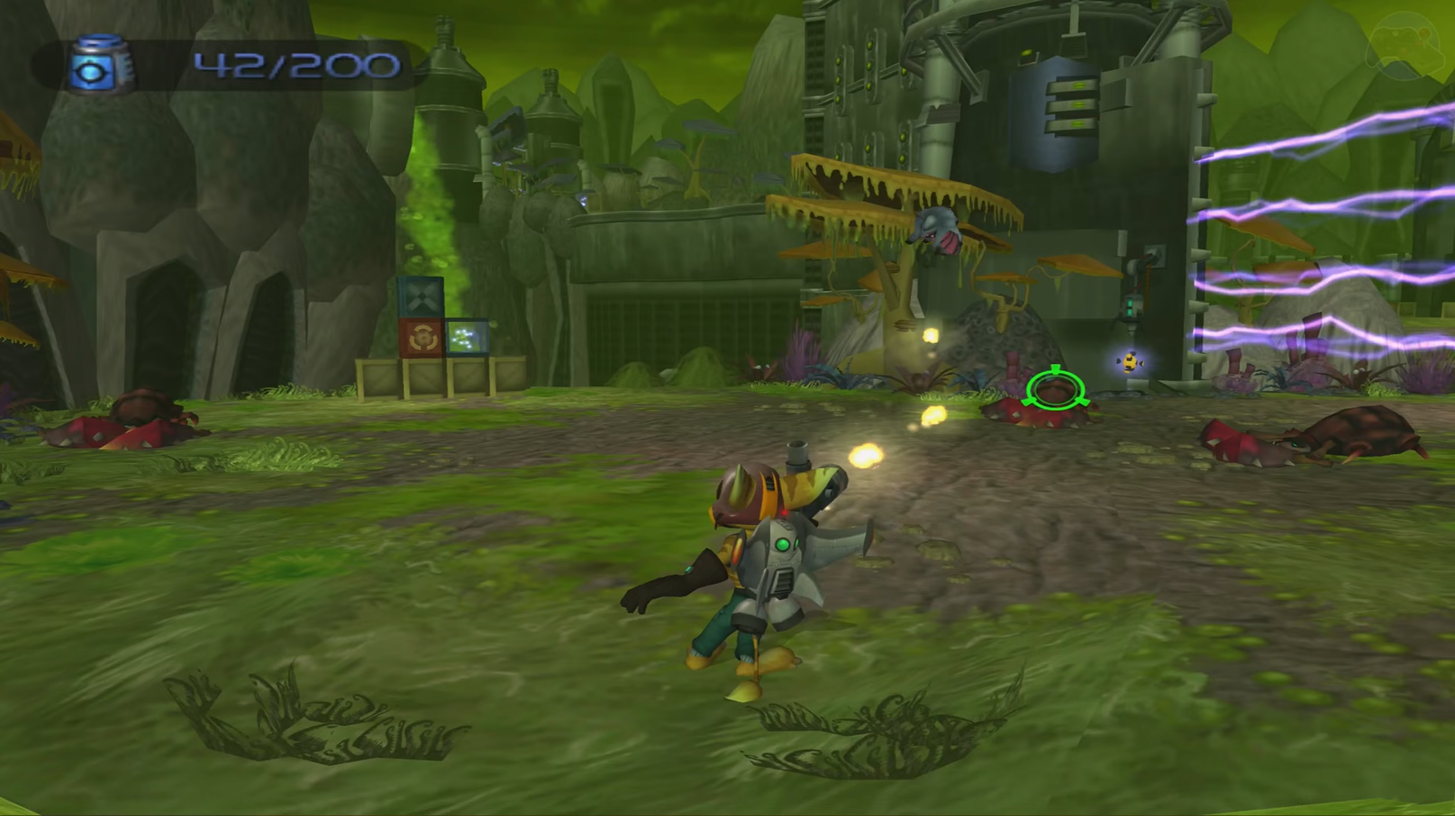Ratchet & Clank luchando contra enemigos en el planeta Orxon en Ratchet & Clank (2002) Ratchet & Clank luchando contra enemigos en el planeta Orxon en Ratchet & Clank (2002)