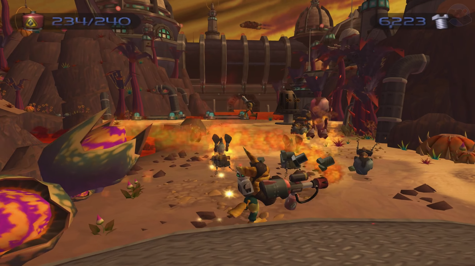 Ratchet & Clank luchando contra enemigos en el planeta Gaspar en Ratchet & Clank (2002) Ratchet & Clank luchando contra enemigos en el planeta Gaspar en Ratchet & Clank (2002)