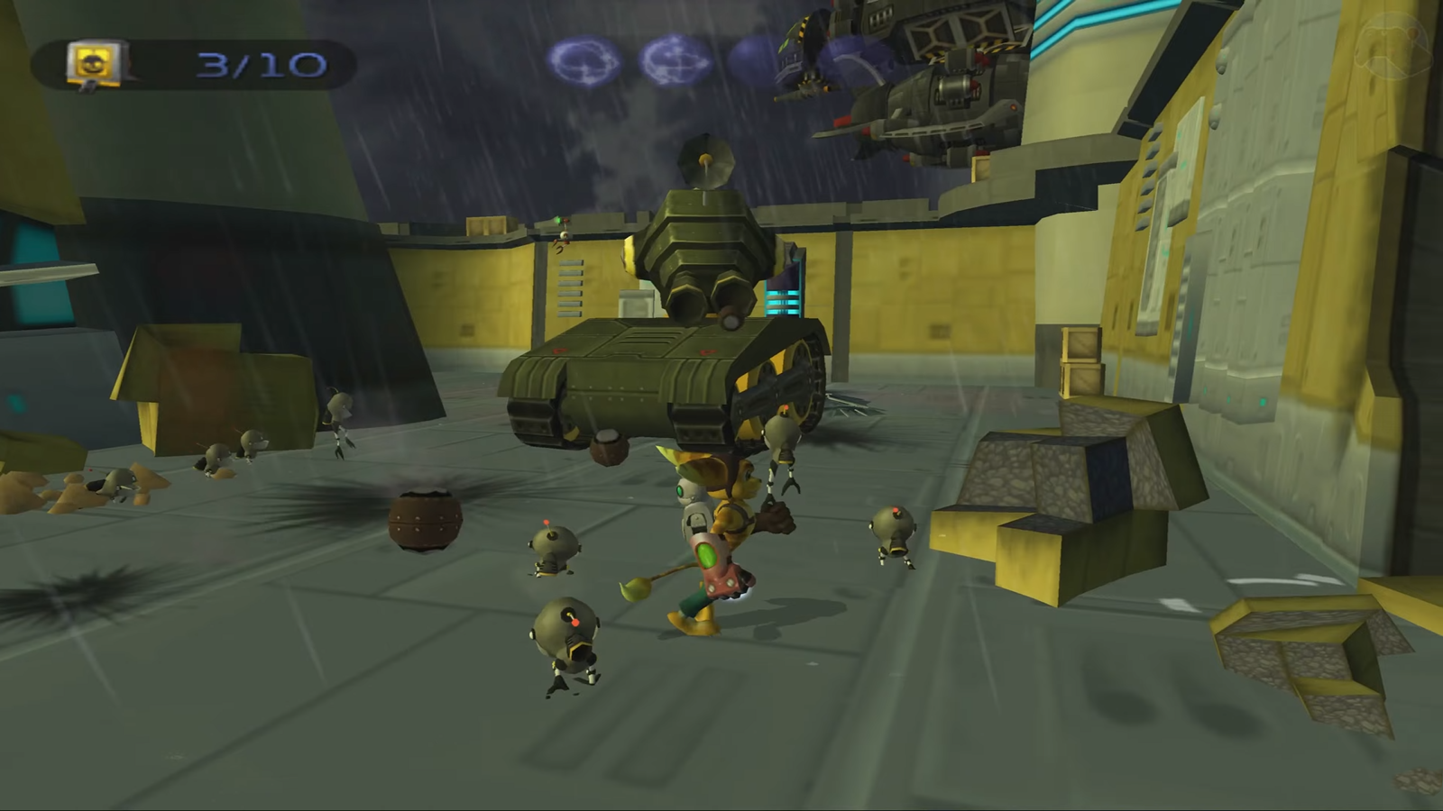Ratchet & Clank luchando contra tanques enemigos en el planeta Batalia en Ratchet & Clank (2002) Ratchet & Clank luchando contra tanques enemigos en el planeta Batalia en Ratchet & Clank (2002)