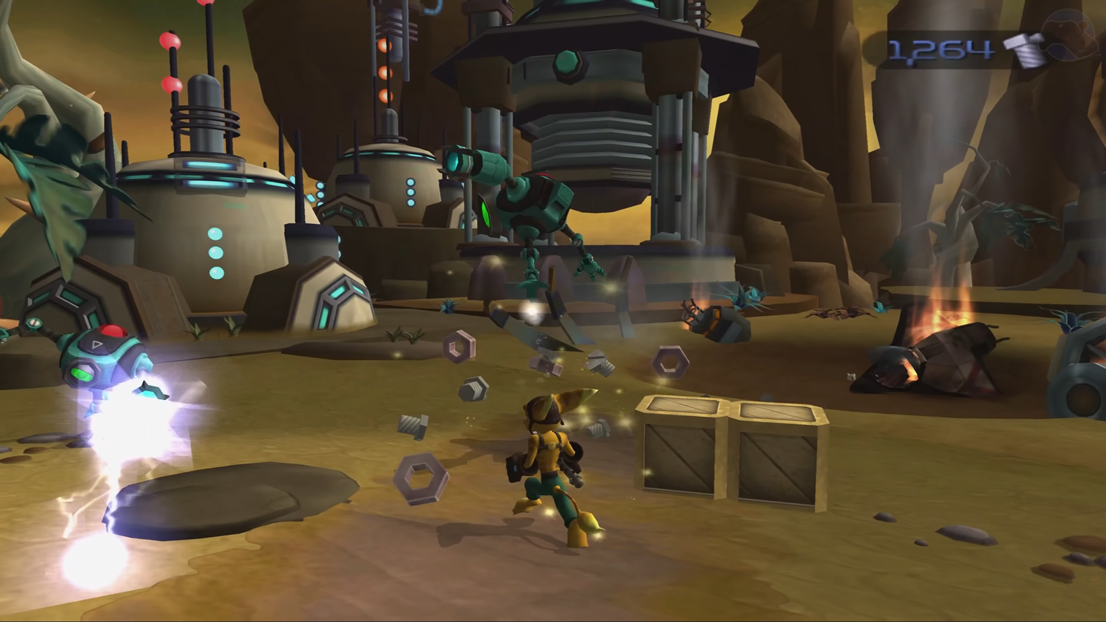 Ratchet luchando contra robots en el planeta Veldin en Ratchet & Clank (2002) Ratchet luchando contra robots en el planeta Veldin en Ratchet & Clank (2002)